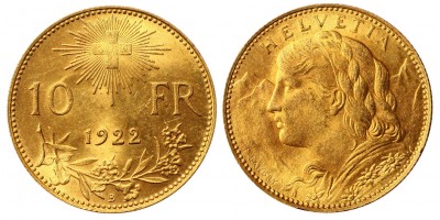 Svájc arany 10 Francs 1922 B
