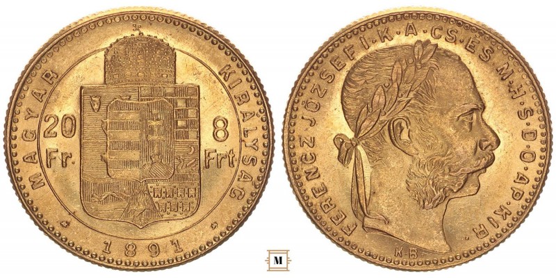 Ferenc József 20 frank 8 forint 1891 KB