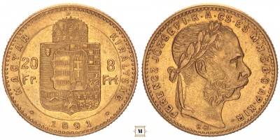 Ferenc József 20 francs 8 forint 1891 KB