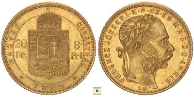 Ferenc József 20 frank 8 forint 1882 KB