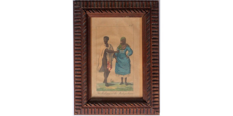 Madagaszkári benszülöttek 1820 - színezett metszet, antik keretben