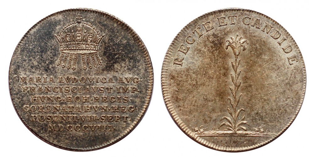 Mária Ludovika királynévá koronázása ezüst zseton Pozsony 1808 