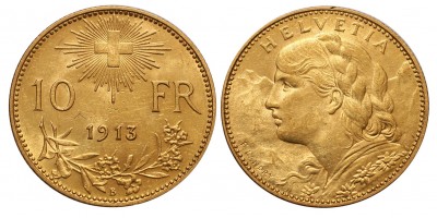 Svájc arany 10 frank 1913 B