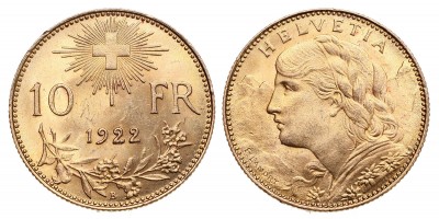 Svájc arany 10 Francs 1922 B