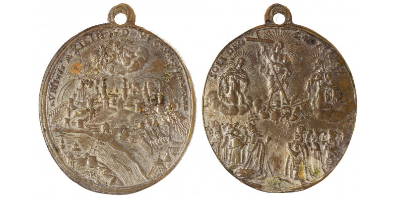 Buda visszafoglalása ezüstözött bronz vallási érem 1686 RR!