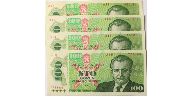Csehszlovákia 100 korona 1989 3+1db sorszámkövető