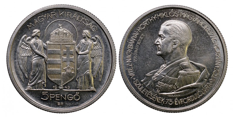 Horthy ezüst 5 pengő 1943 próbaveret RRR!